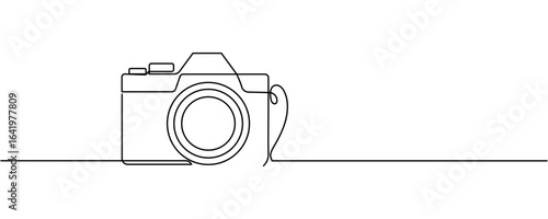 Line drawing photo camera. Single draw photo icon, line art photography camera outline, continuous monoline drawing Editable stroke