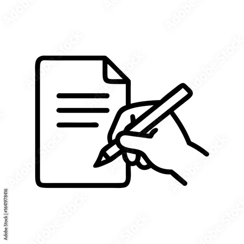Illustration of a hand holding a pen while writing on a document with a folded corner design element
