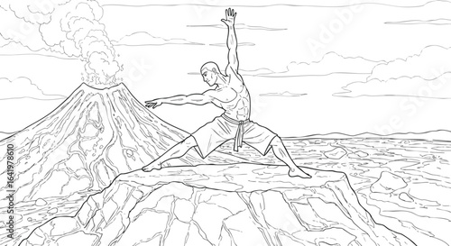 Volcanic Warrior Pose A serene yoga scene against a dramatic erupting volcano backdrop in a minimalist line art style. 