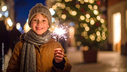 Smiling boy with sparkler at night market