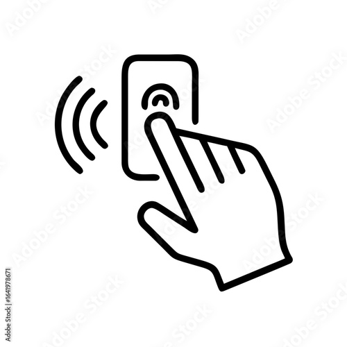 Illustration of a hand pressing a button with signal waves emanating from the device in black outline