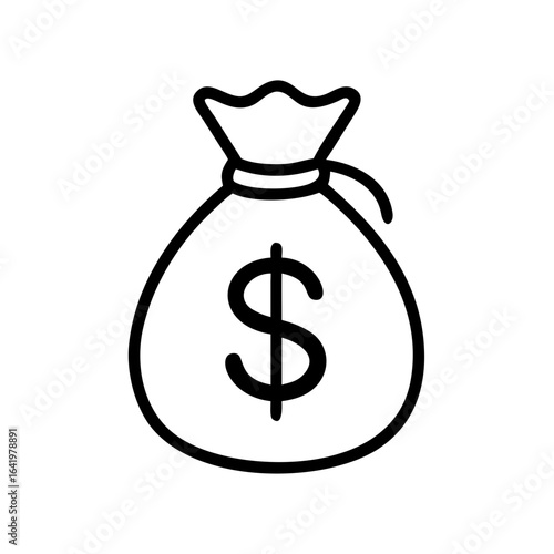 A simple line drawing of a money bag with a dollar sign in the center on a white background design