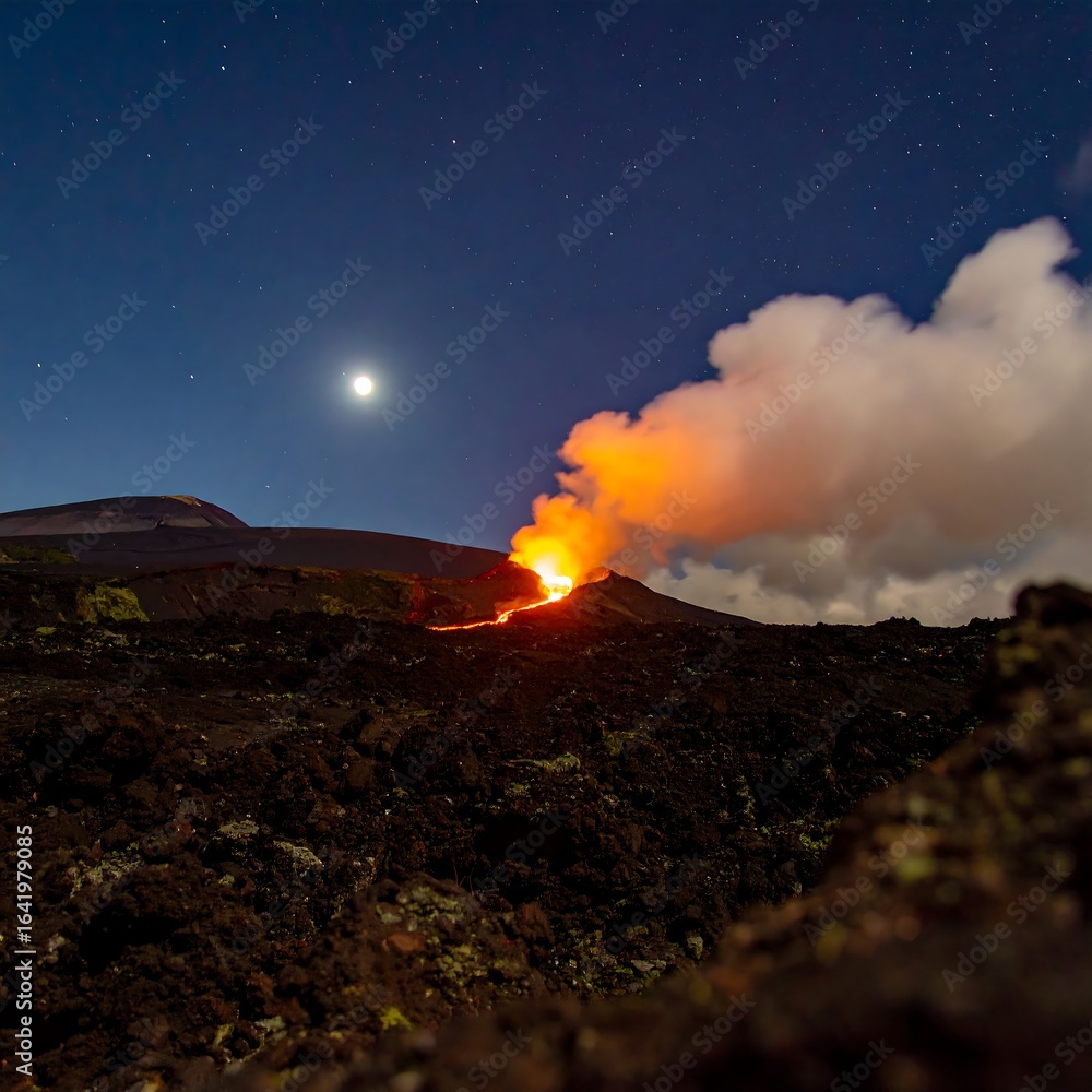 Naklejka premium Volcano erupting at night under a moonlit sky