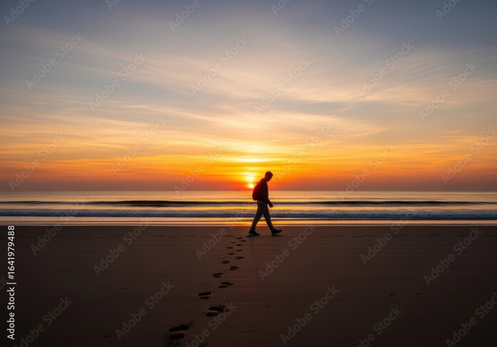 Silhouette of a man walking on the beach at sunset, leaving footprints in the sand with the ocean and sky in the background Silhouette of a man walking on the beach at sunset, leaving footprints in the sand with the ocean and sky in the background
