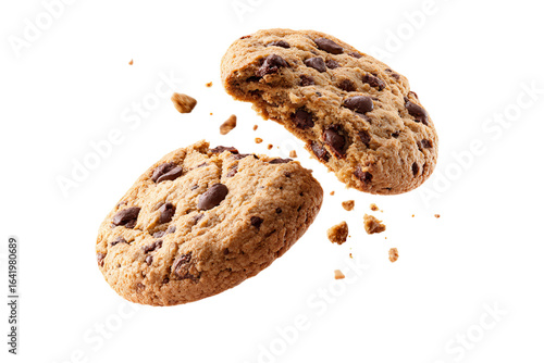 A stack of chocolate chip cookies with one cookie being broken in half and flying away isolated on a transparent background in PNG format.