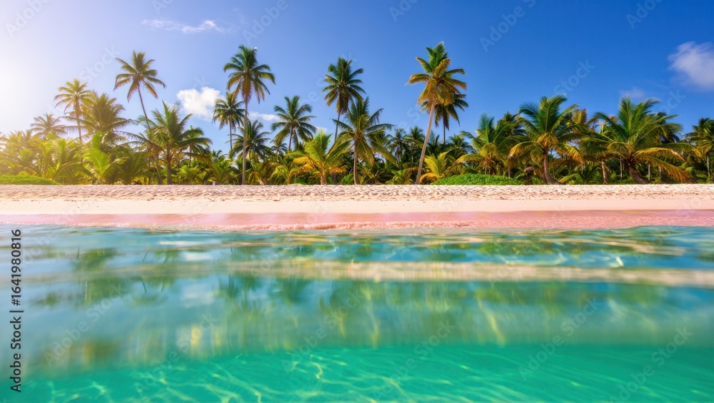 Obraz premium Tropical beach with palm trees and turquoise water on a sunny day