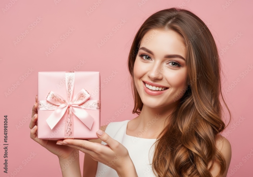 Beautiful young woman smiling and holding a pink gift box with a ribbon and bow, celebrating a special occasion Beautiful young woman smiling and holding a pink gift box with a ribbon and bow, celebrating a special occasion