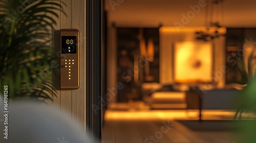 Modern interior with focus on control panel, subtle lighting, warm hues and open concept