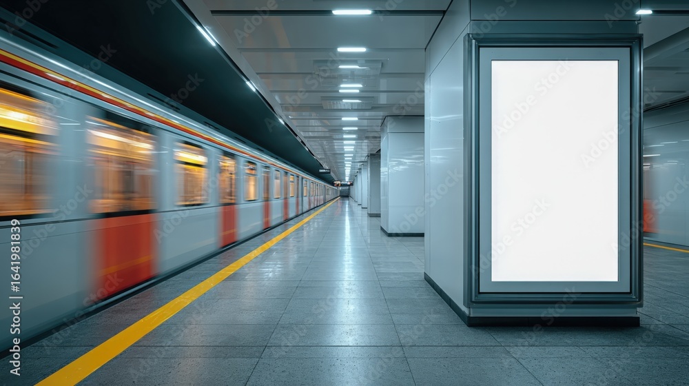 Fototapeta premium Blank Advertising Billboard Mockup in a Modern Subway Station with Passing Train Blurred