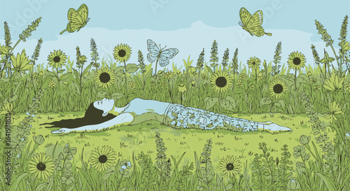 Serene Woman Relaxing in a Vibrant Wildflower Meadow with Butterflies