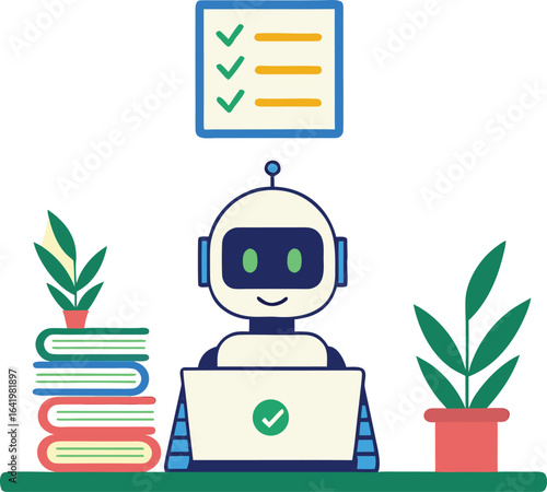 Robot working on laptop and filling out document. Checklist with completed tasks. Illustration graphics in flat design style. Artificial intelligence at work.client, aid, assistant, checklist, claim,