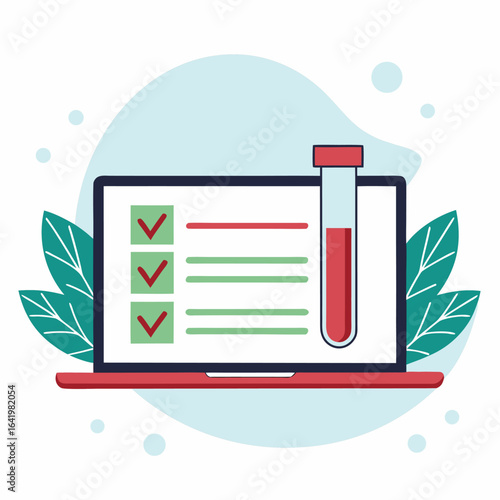 graphic in flat design style. Blood test result graphic. Checklist on laptop screen with blood sample above it. Blood test, good result.exam, laboratory, checklist, clinical, diagnosis, document, 