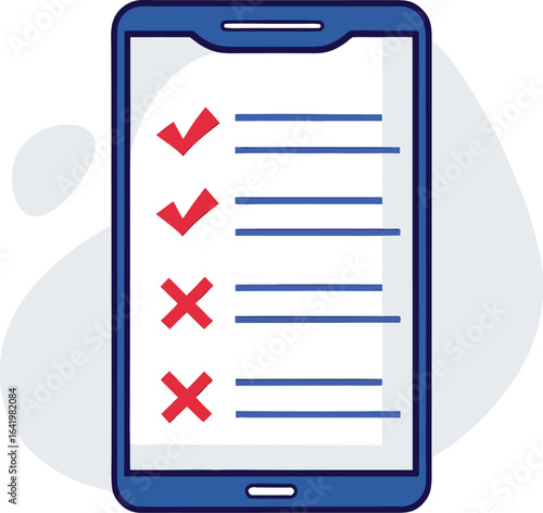 document with a test, all answers are wrong. Marked with a red X. Made by man. A sheet of paper with a wrongly solved test on the phone screen. Illustartion.agenda, checklist, document, list, mark,
