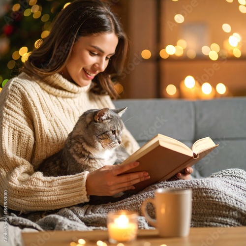 Woman and cat reading a book