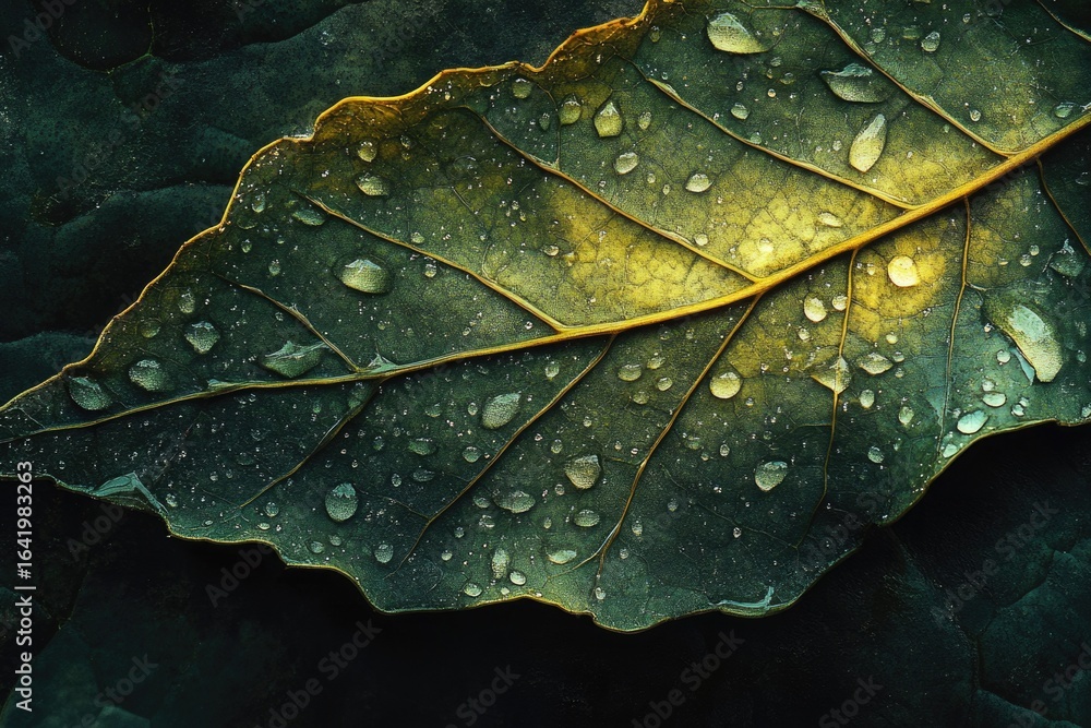 Fototapeta premium Close-up of a dew-covered leaf, showcasing intricate vein patterns and rich, contrasting colors.