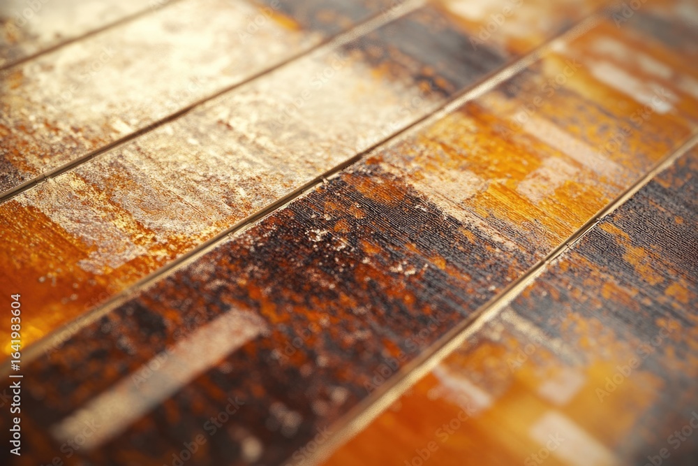 Naklejka premium Close-up of rustic wooden planks with a blend of dark brown and gold accents.