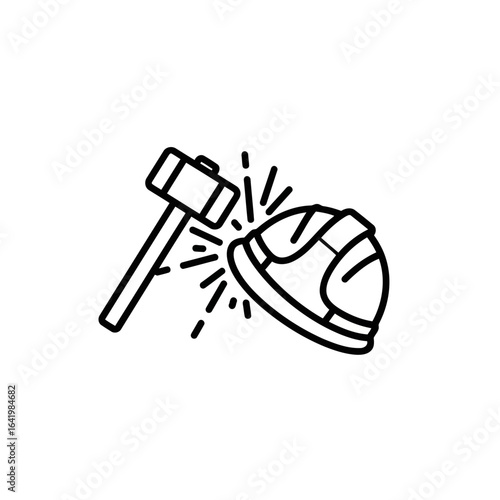 Hammer hitting a hard hat, representing safety testing and impact resistance in construction or industrial settings, isolated on white background vector icon