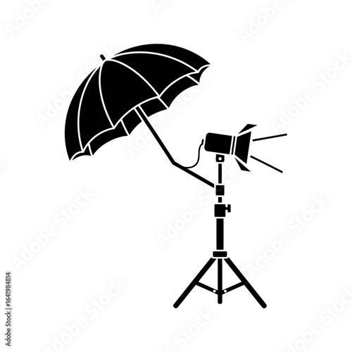 Studio lighting equipment with a softbox umbrella and a light on a stand, isolated on white background vector icon