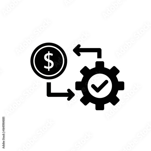 Icon representing financial process with a dollar coin and a gear with a checkmark, symbolizing successful business operations, isolated on white background vector icon