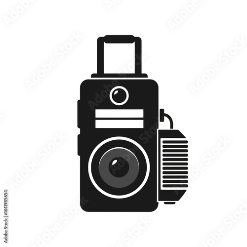 Vintage video camera with handle and lens, professional recording equipment, isolated on white background vector icon