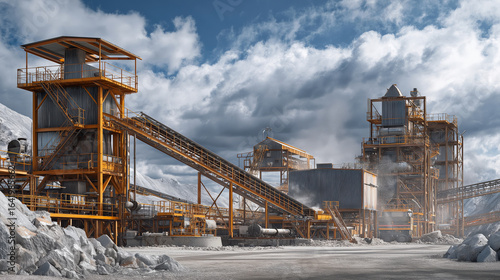 Industrial mining setting showing raw zinc being processed on conveyor belts, high-detail industrial realism.