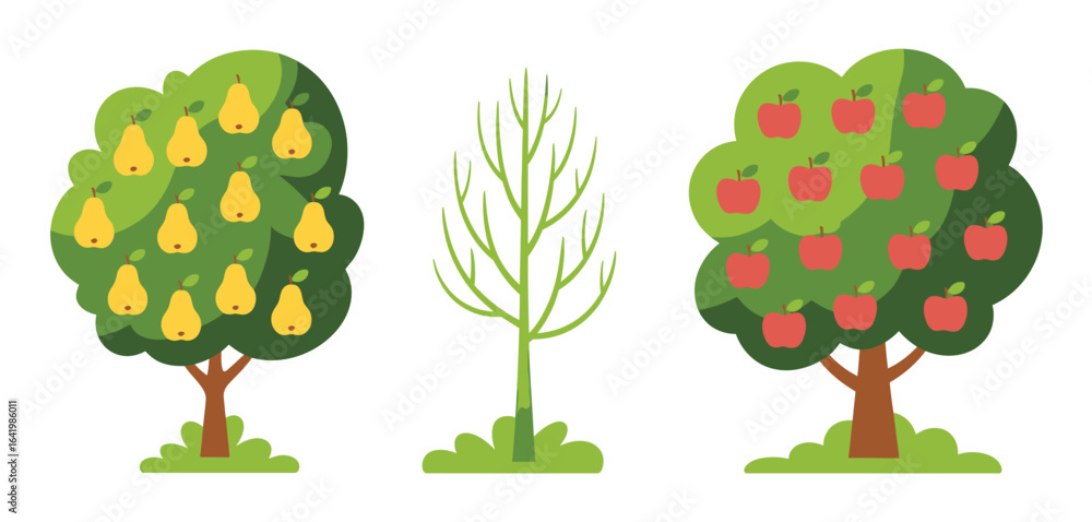 Fototapeta premium Three cartoon trees pear apple and bare branch tree