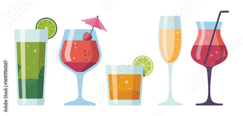 Assortment of colorful cocktails and drinks with garnishes