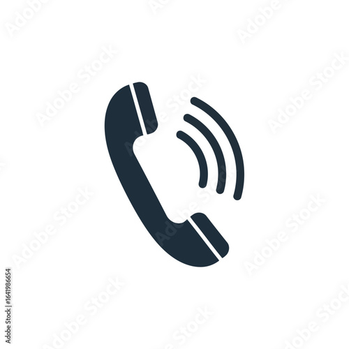 Dark blue icon of a ringing telephone handset with sound waves, representing communication and calls vector icon