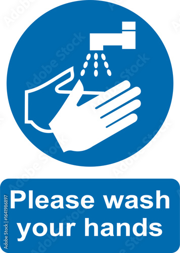 Blue and white circular vector graphic of Please wash your hands, mandatory warning sign