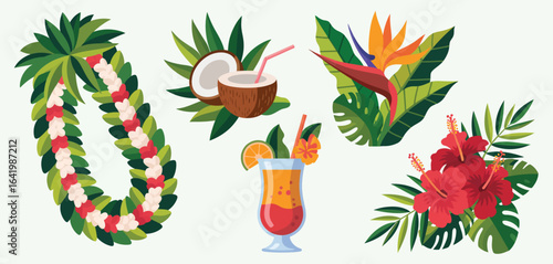 Tropical hawaiian icons featuring lei cocktail coconut bird of paradise and hibiscus
