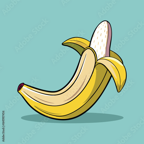 A vector illustration of a ripe, yellow banana with its peel partially removed, isolated on a white background