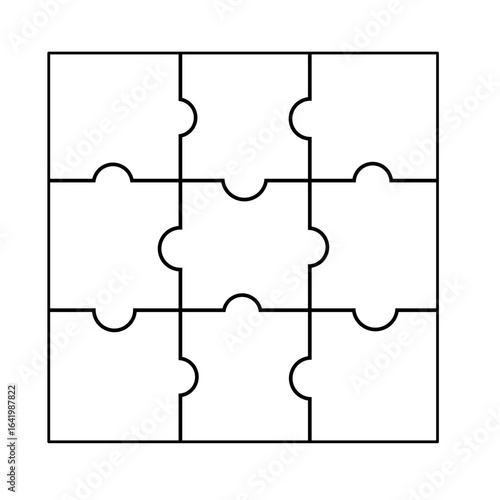  Scheme of thinking game set. Six Jigsaw ni outline grids collection with 9 details. Square puzzle pieces grid. Cutting template. Modern background with separate shapes. Vector illustrator