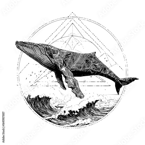 Geometric whale breaching over ocean waves within a circle and triangle design element illustration