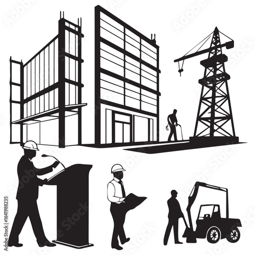 Construction workers in hard hats collaborate on building blueprints and oversee heavy machinery at a modern urban development site