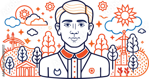 Stylized Portrait of a Man with Cultural Symbols and Landscapes