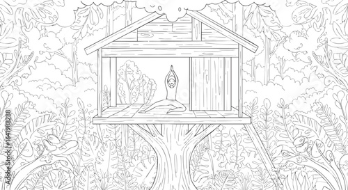 Treehouse Tranquility A Serene Illustration of Yoga and Nature's Embrace