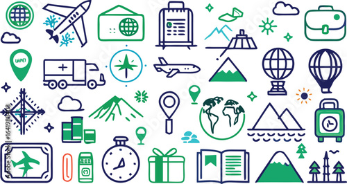 Travel and Transportation Icons in Green and Blue collection