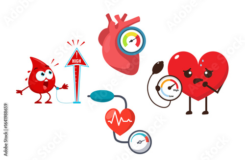Red flat vector shows cartoon heart health concepts: blood pressure, chest pain with readings. Explainer video, medical info graphic, presentation.