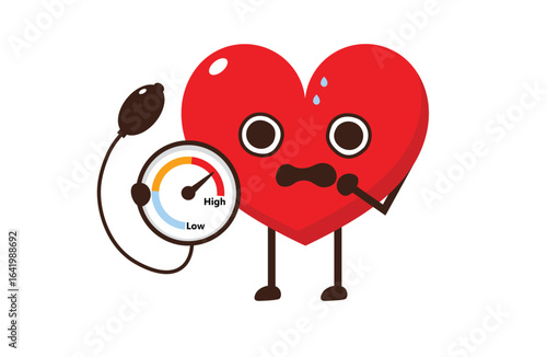 Red heart cartoon character checking blood pressure. Indicates high blood pressure, health concern. Use for medical content, health awareness, social media.