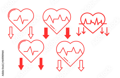 Red icon design shows heart with arrow down, indicating low blood pressure. For medical presentations.