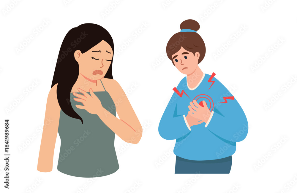 Obraz premium Cartoon women experience chest pain, possibly low blood pressure or high blood pressure. Use: health awareness, presentations, social media.
