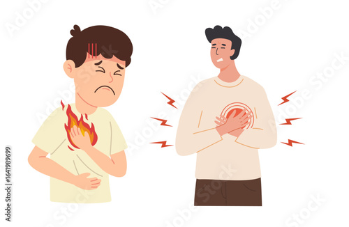 Cartoon shows heartburn and chest pain symptoms, for medical educational material and health awareness campaigns.