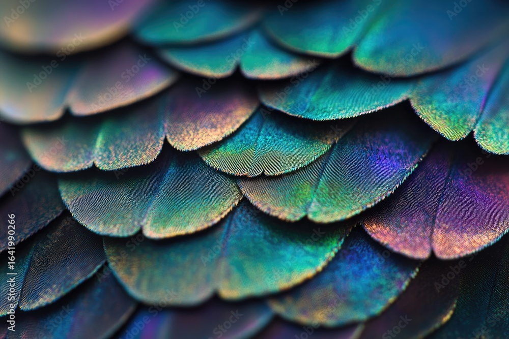 Obraz premium Close-up of iridescent bird feathers, showcasing vibrant teal, purple, and gold hues.