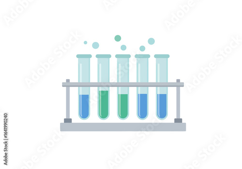 Five Test Tubes with Blue and Green Liquids in a Rack