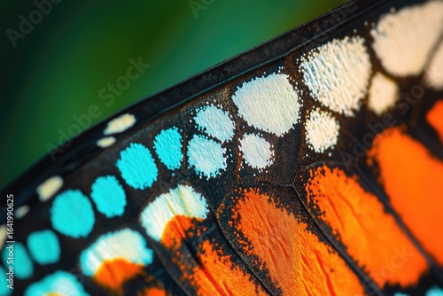 Close-up of a butterfly wing showcasing vibrant orange, turquoise, and white patterns.