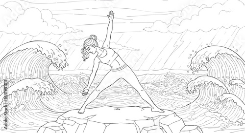 Woman Doing Yoga by the Ocean - Line Art