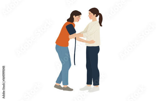 Vector art shows a woman supporting another, who might be experiencing chest pain. Use for medical or educational illustration.