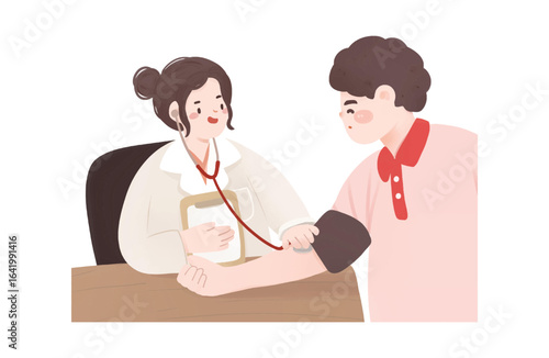 Doctor checks patient's blood pressure in a soft, minimal style. Healthcare illustration for social media, branding, and presentations.