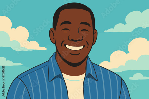 A serene black man with a quiet, introspective grin, exuding tranquil fulfillment