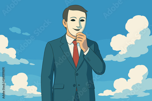 Illustration of a businessman removing his mask, representing the revelation of his genuine self and adoption of openness, sincerity, and truthfulness in a corporate setting
